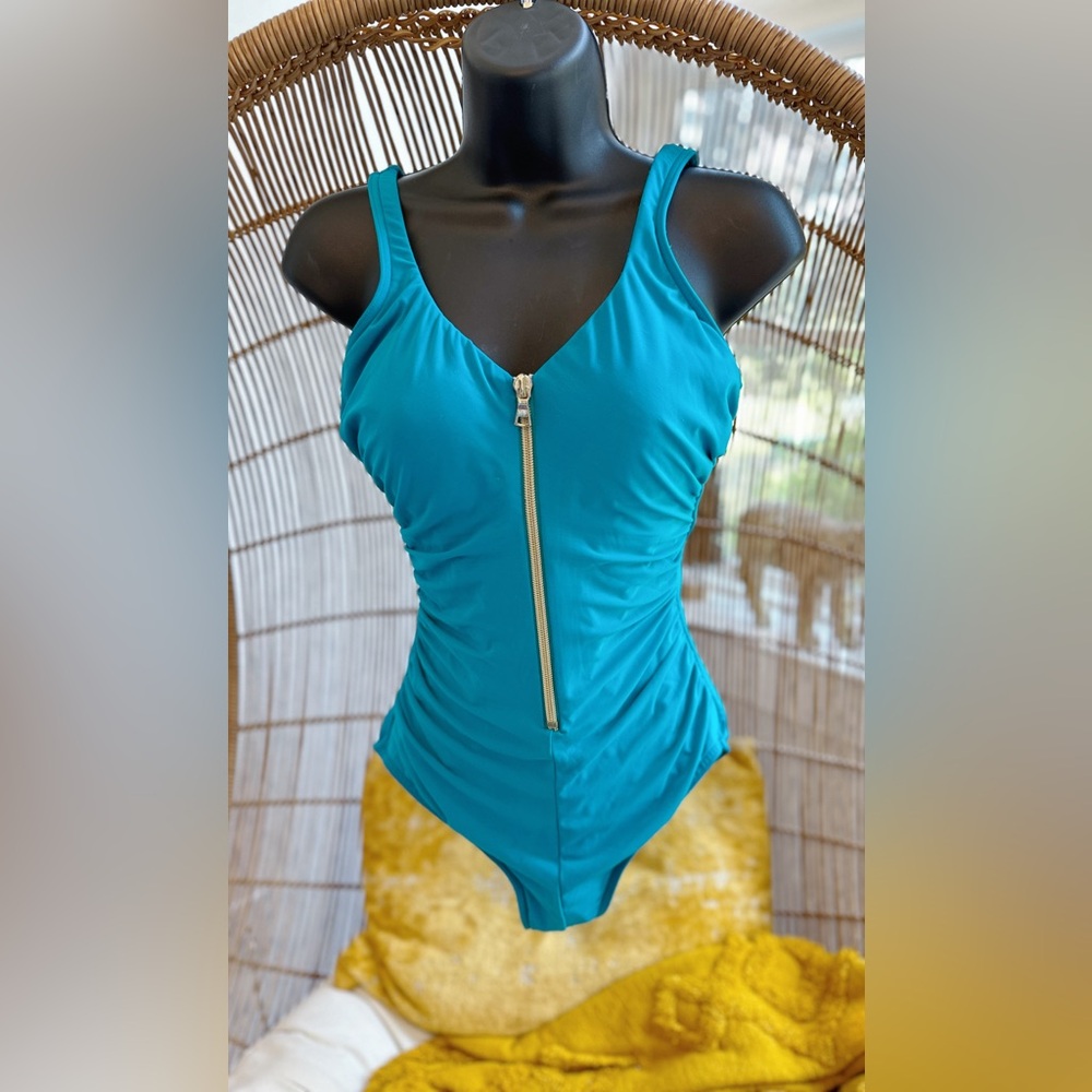 Miracle Suit Ziptress Bathing Suit Womens Size 10 Lagoon Blue Shapewear